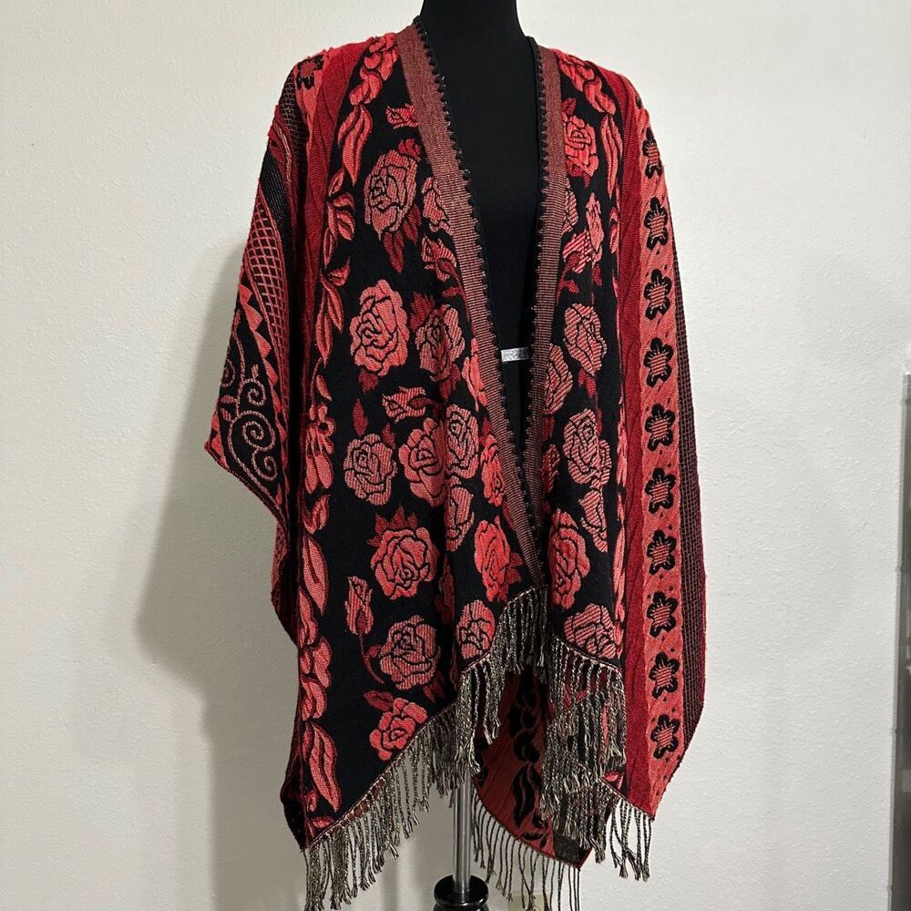 Rhonda Stark Reversible Rose Floral Poncho Cape Fringe Red Black Made in USA OS